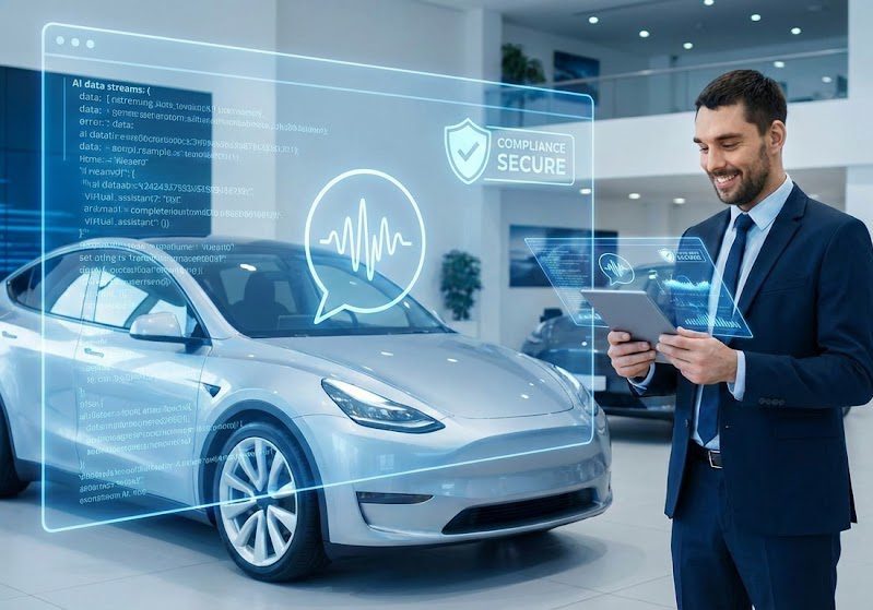 A dealership manager in a modern showroom uses a tablet to review data on a futuristic, transparent interface. The screen displays AI data streams, a voice assistant icon, and a prominent 'Compliance Secure' shield badge next to a new vehicle, illustrating the integration of legally compliant AI technology in automotive operations.