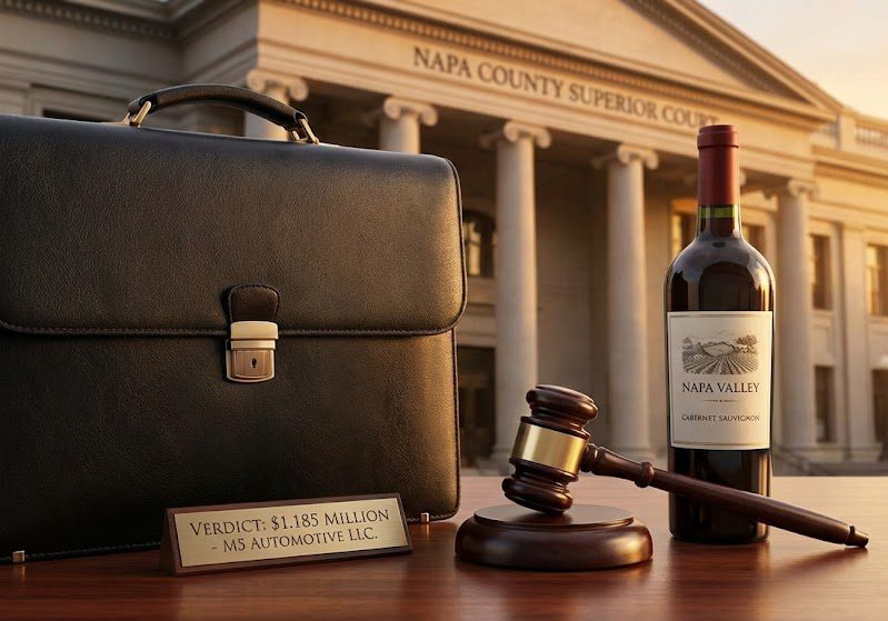 Briefcase, wine, gavel outside courthouse building.